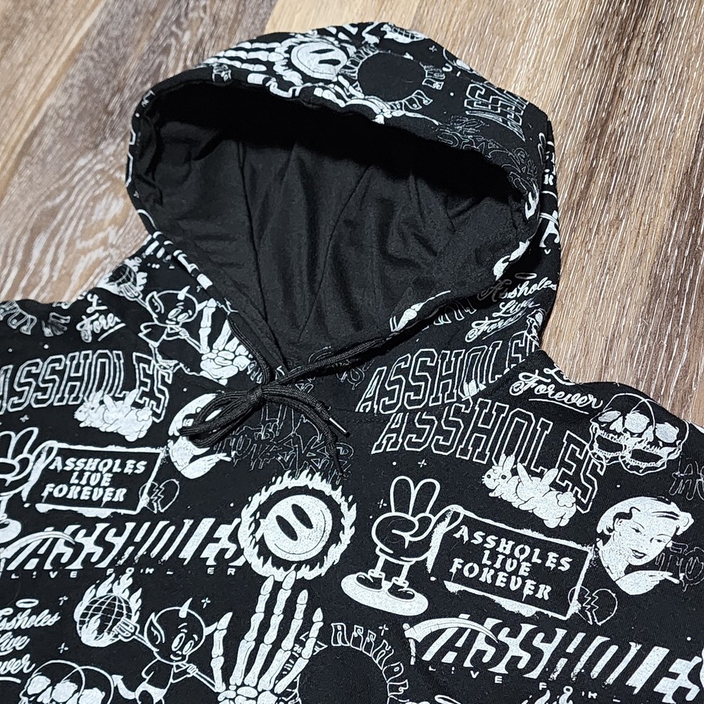 A**holes Live Forever XL Black Hoodie Sweatshirt Skulls Cigarettes Devil